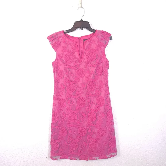 ADRIANNA PAPELL Eyelet Boho Overlay Fuchsia Dress - Picture 4 of 13